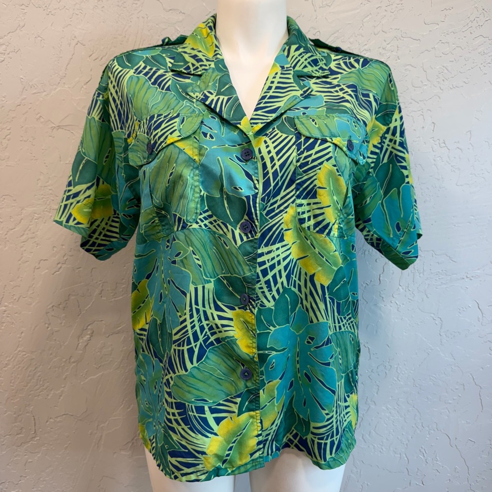 Vintage Susan Hutton Hawaiian Tropical Shirt Womens 14 Green Vacation Blouse